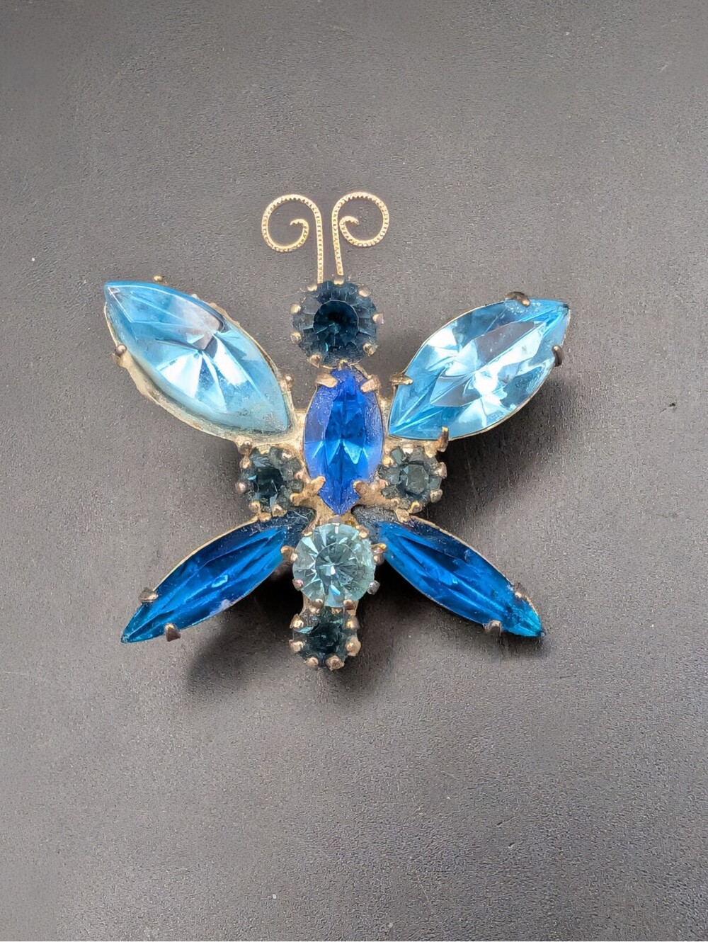 Vintage Insect Butterfly Brooch Pin Prong Set Blue Glass Rhinestones Silver Tone